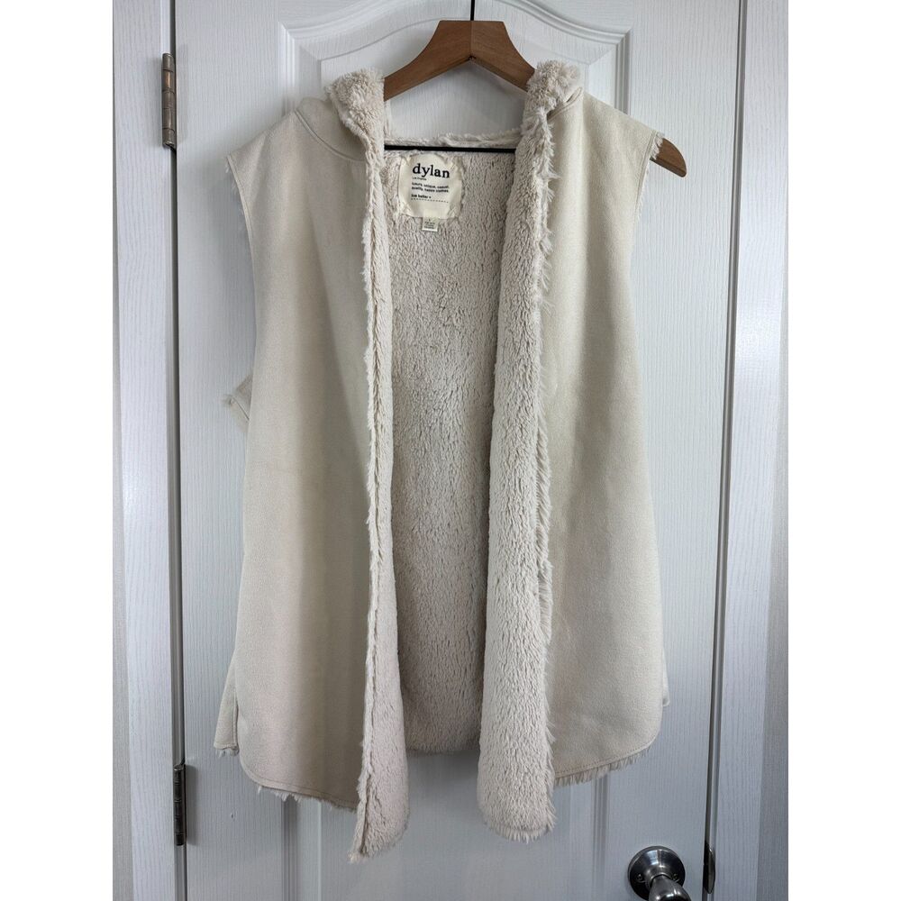 Dylan Women's Cream Faux Fur Faux Suede Hooded Sleeveless Vest Size L Large